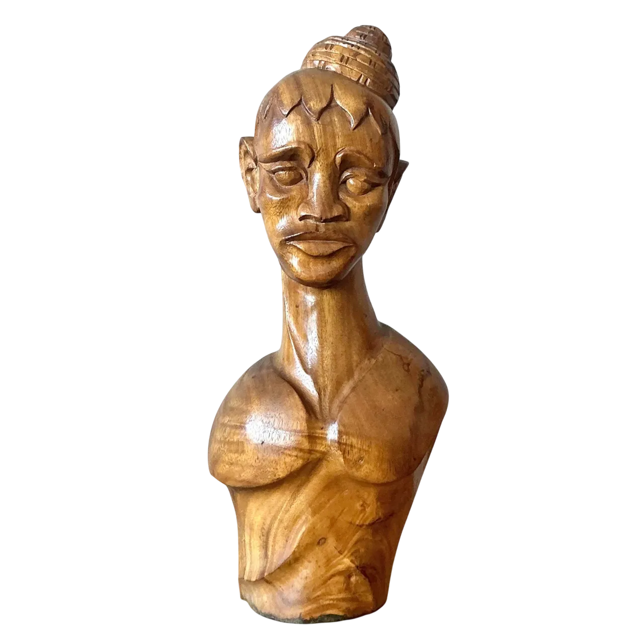 Vintage Boho Carved Wooden Bust of Woman