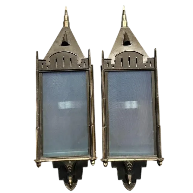 Vintage Monumental Patinated Copper Wall Sconce - A Pair