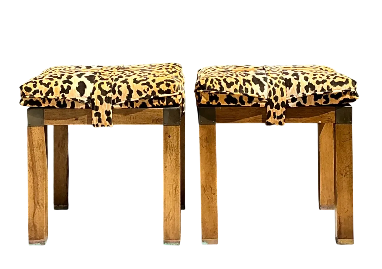 Vintage Leopard Strapped Campaign Stools - A Pair