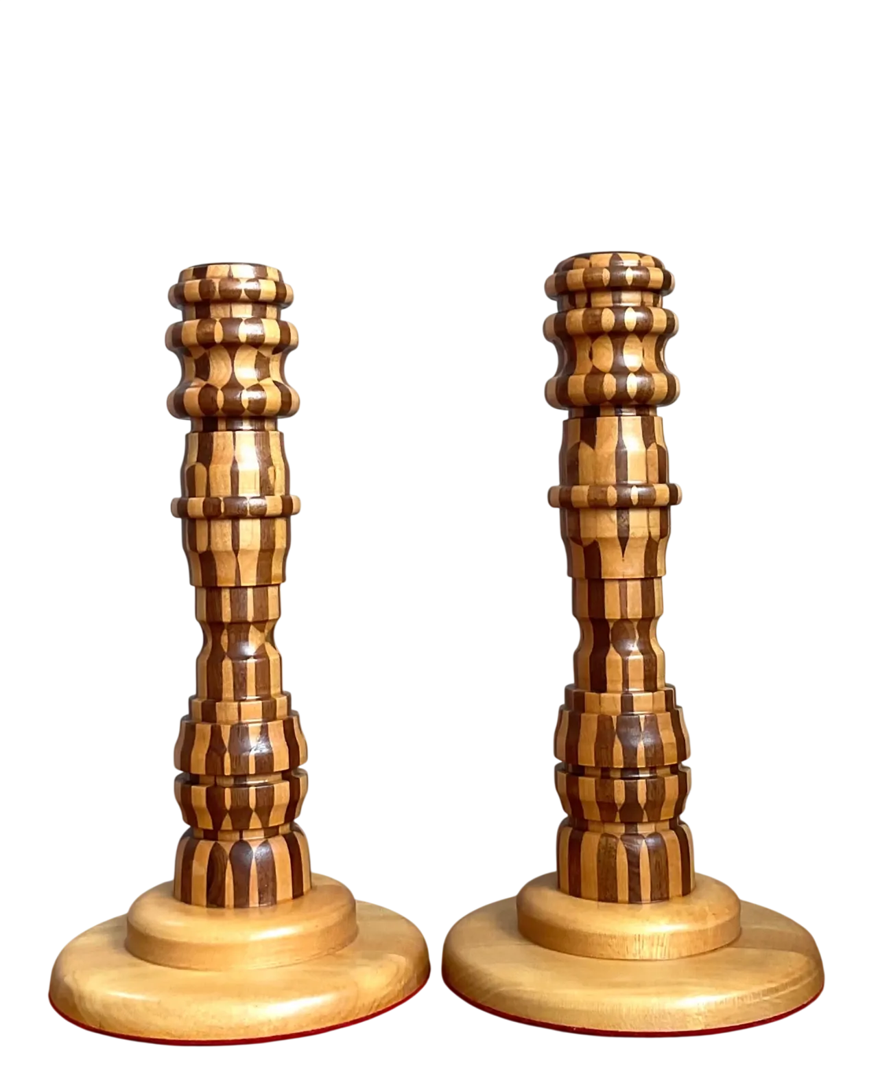 Vintage Inlaid Wood Candlesticks - a Pair