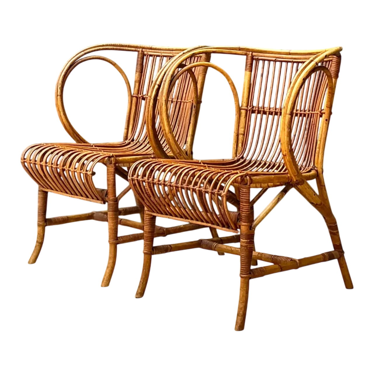 Vintage 1940s Danish Tove Kindt Larsen For Robert Wengler Stick Rattan Lounge Chairs - A Pair