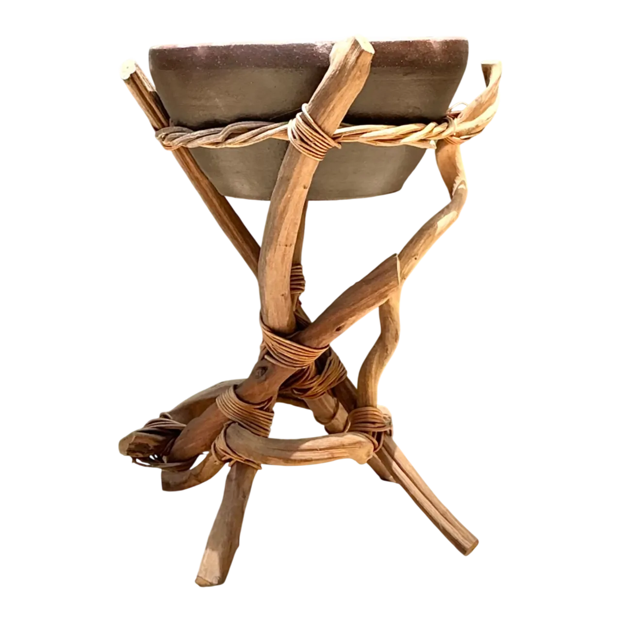 Vintage Twisted Wood and Pottery Plant Stand
