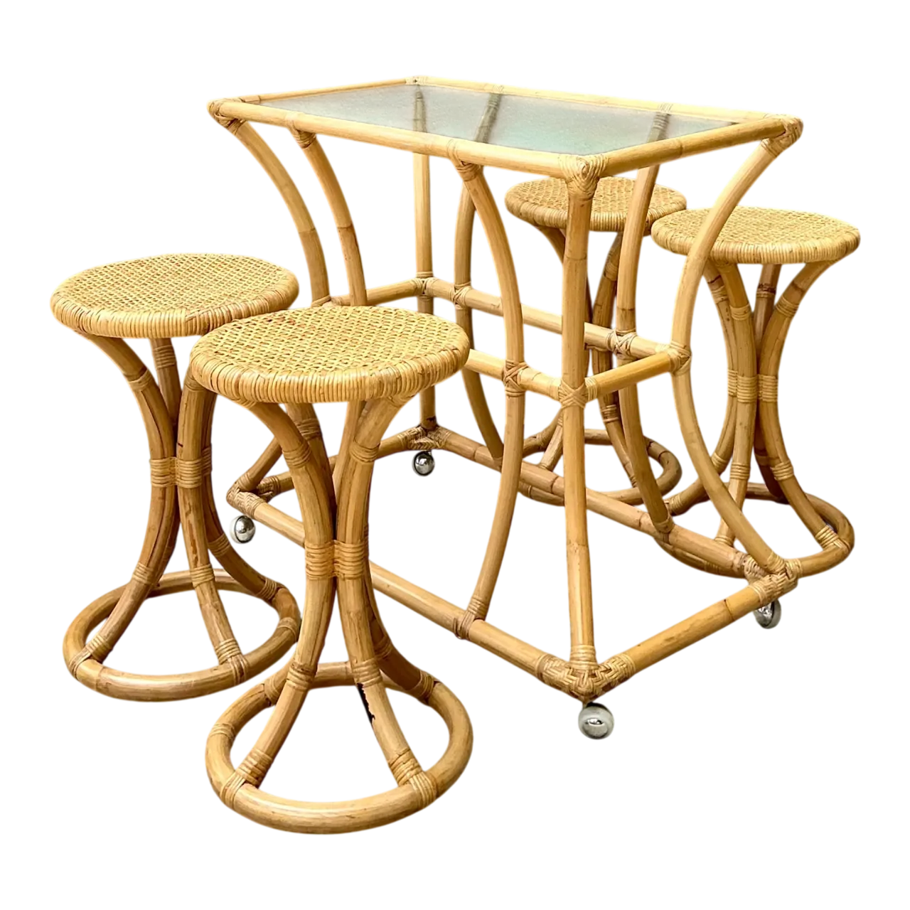 Vintage Rattan High Top Table With Coordinating Stools - Set Of 5