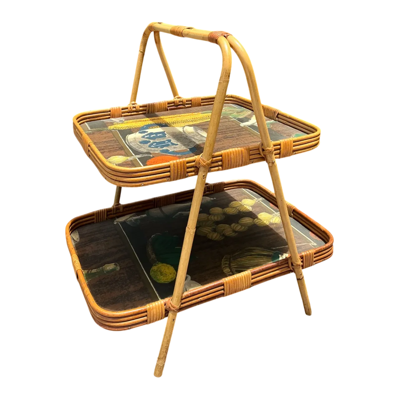 Vintage Rattan Two-Tiered Tray Stand