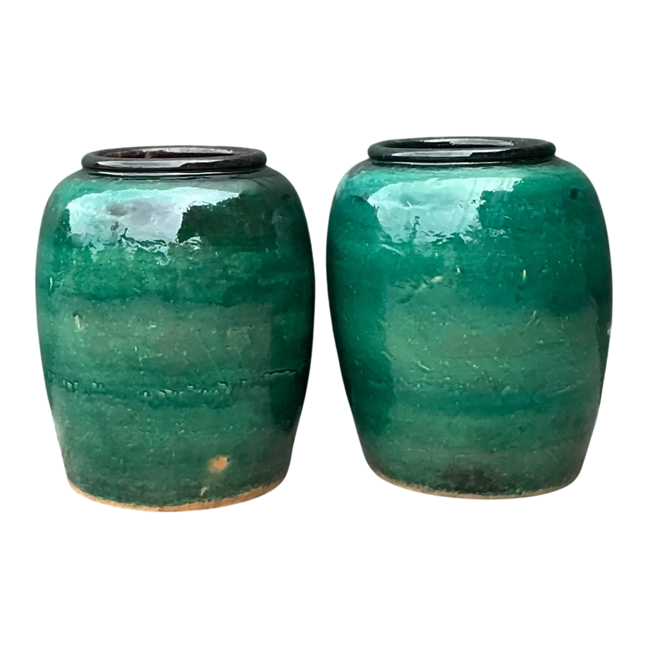 Vintage Green Glazed Earthenware Vessels - A Pair