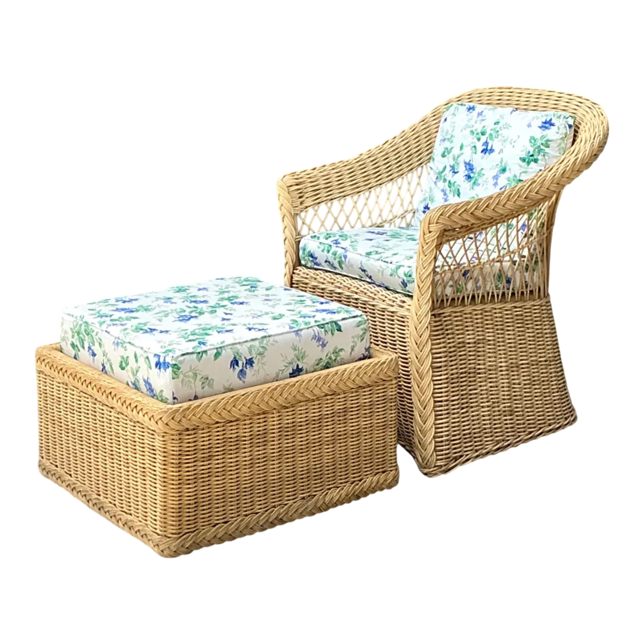 Vintage Woven Rattan Chair And Ottoman In Schumacher “Garden Gate”