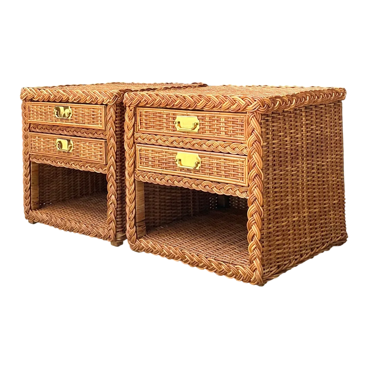 Vintage Braided Rattan Nightstands - A Pair