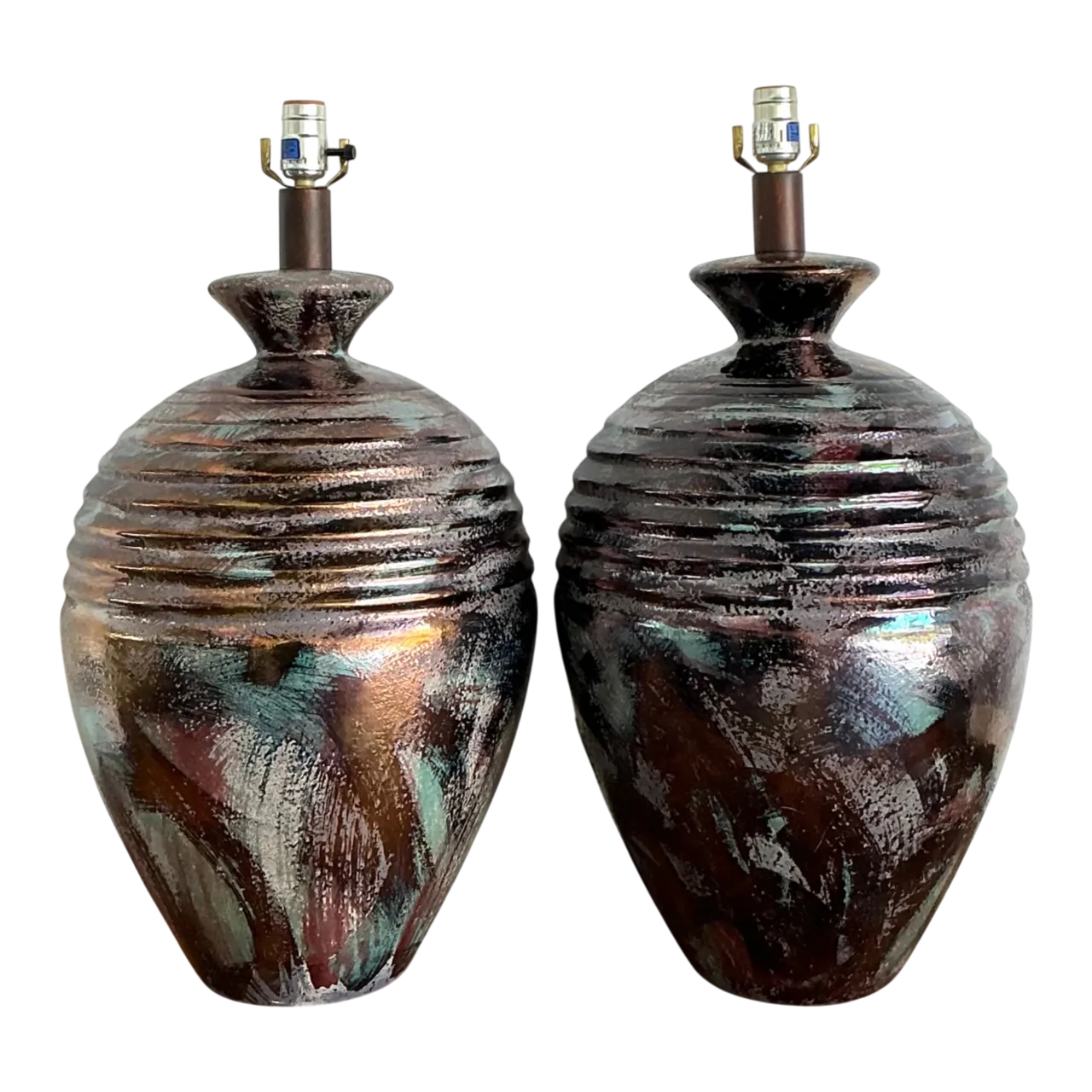Vintage Glazed Metallic Ceramic Lamps - Set of 2