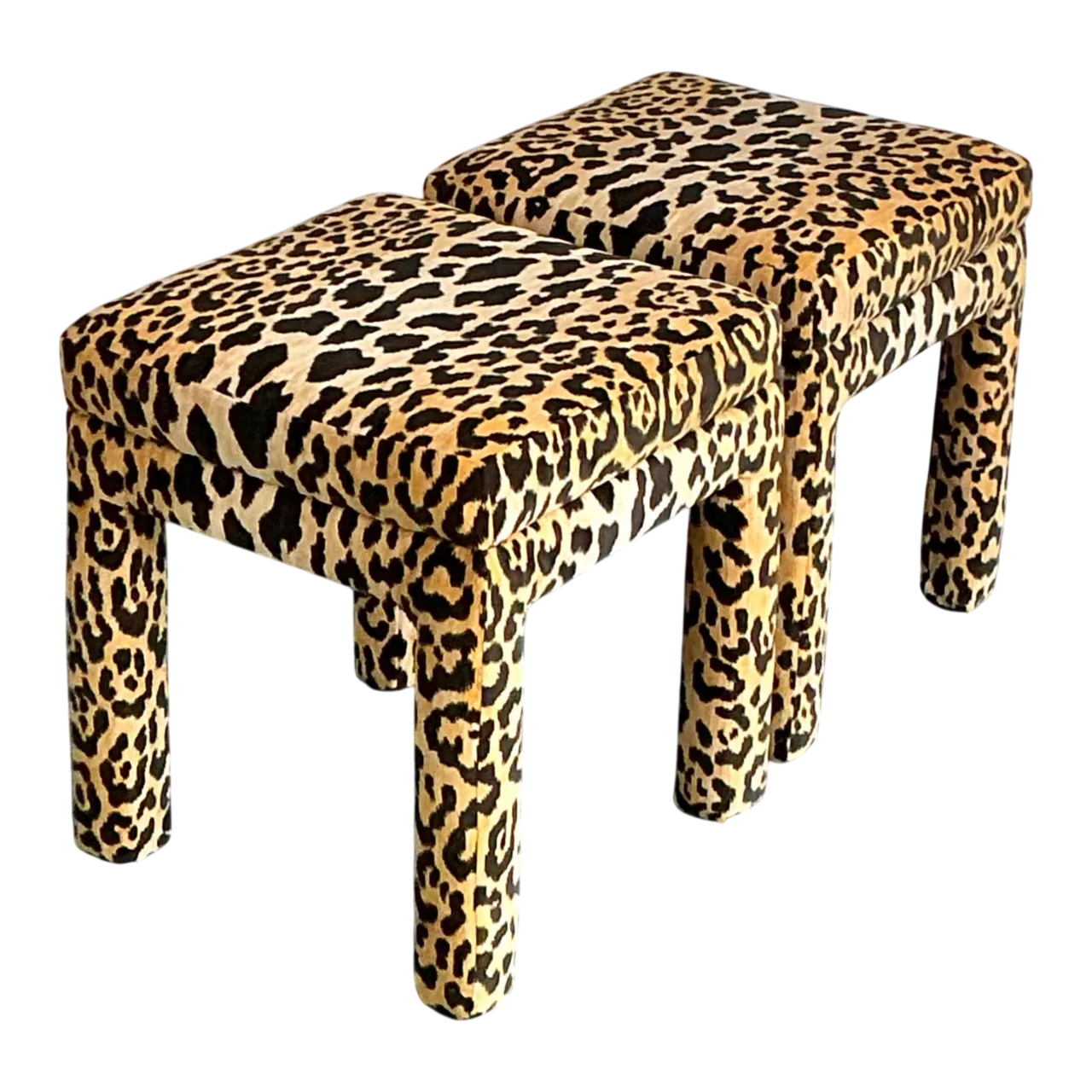 Vintage Leopard Velvet Upholstered Stools - Set of 2