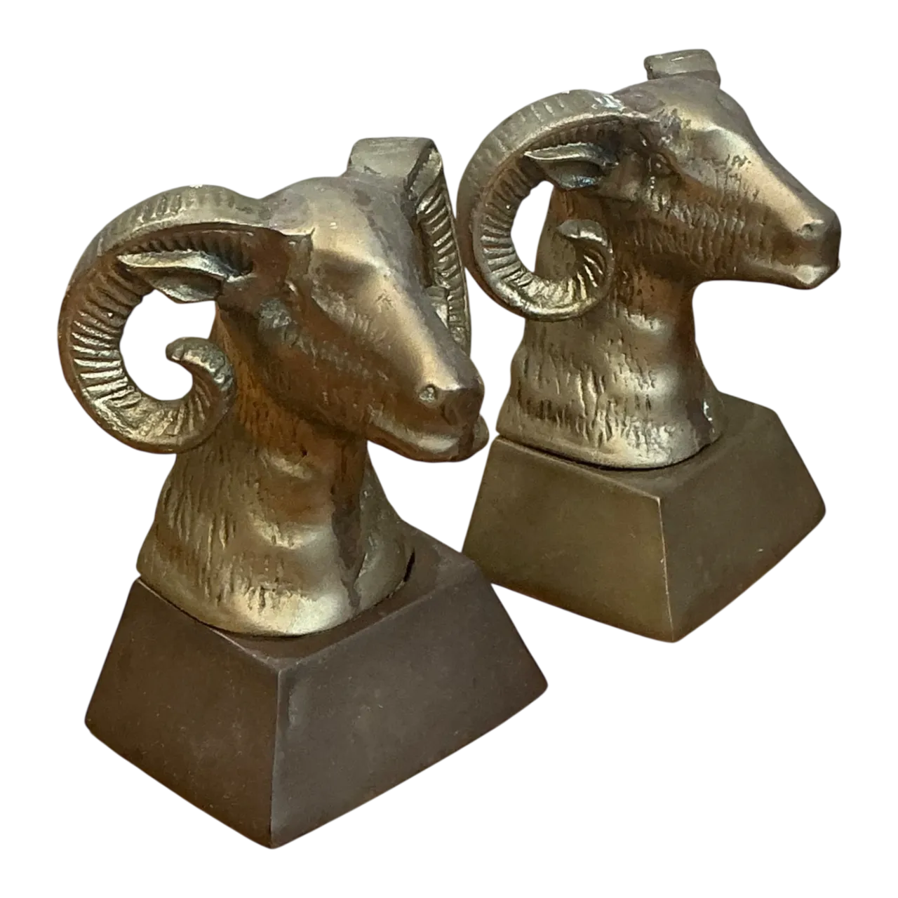 Vintage Brass Ram Bust Bookends - A Pair