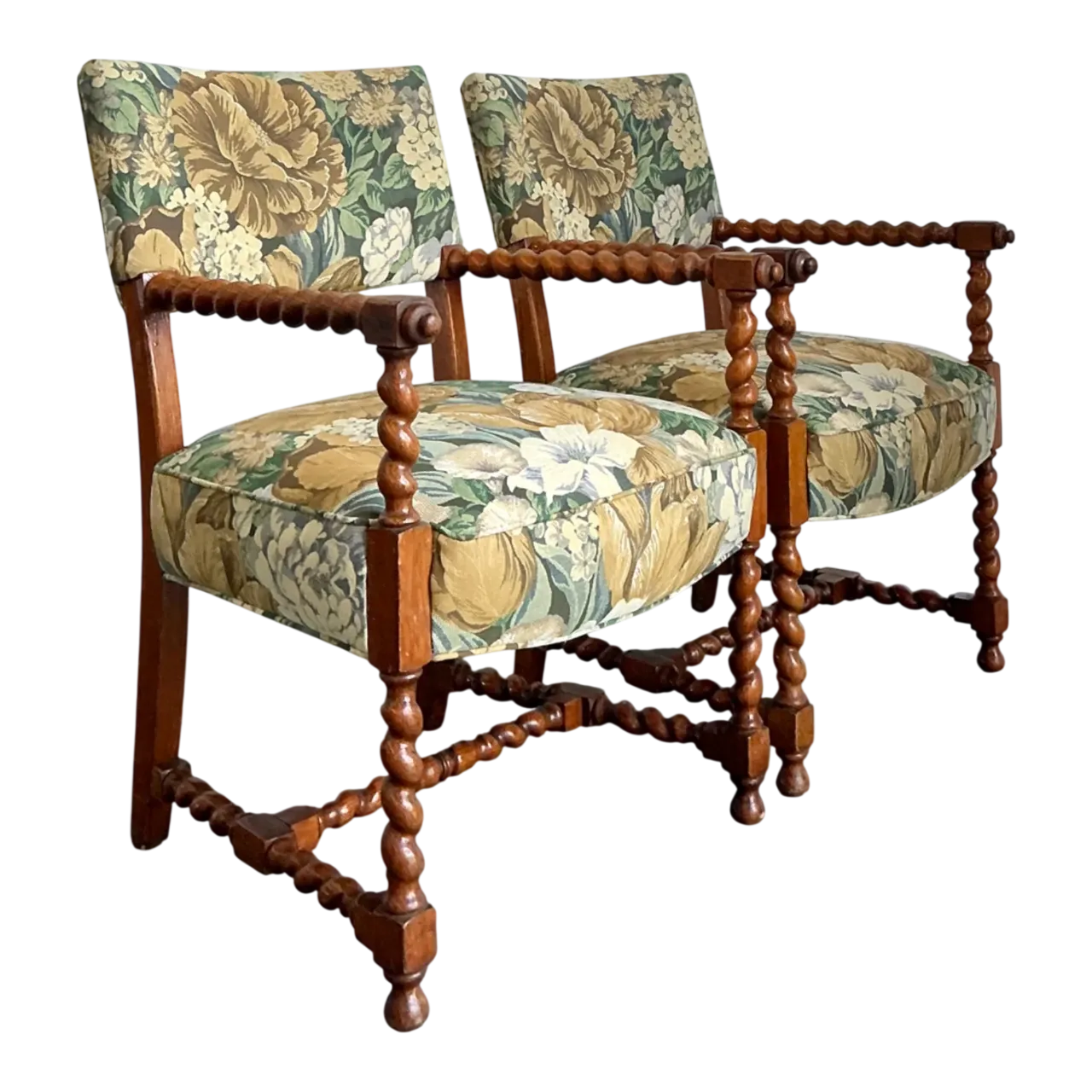 Vintage Twisted Wood Dorothy Draper Upholstered Barley Twist Armchairs