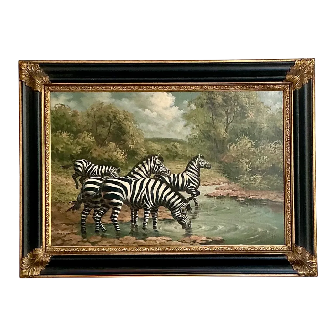 Vintage Zebra Landscape Oil Painting