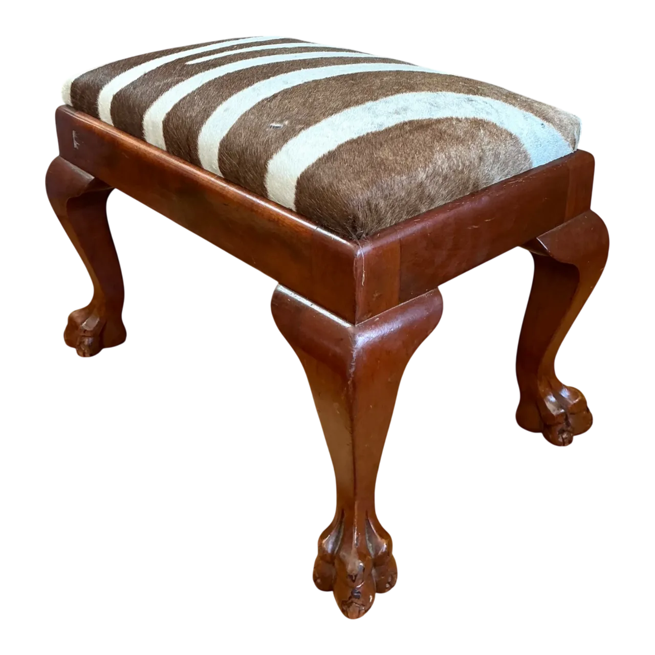 Vintage Zebra Upholstered Claw Foot Stool