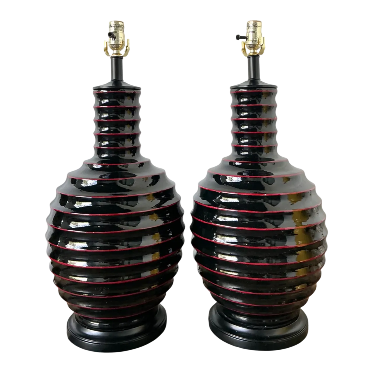 Vintage Glazed Ceramic Ribbed Table Lamps - A Pair