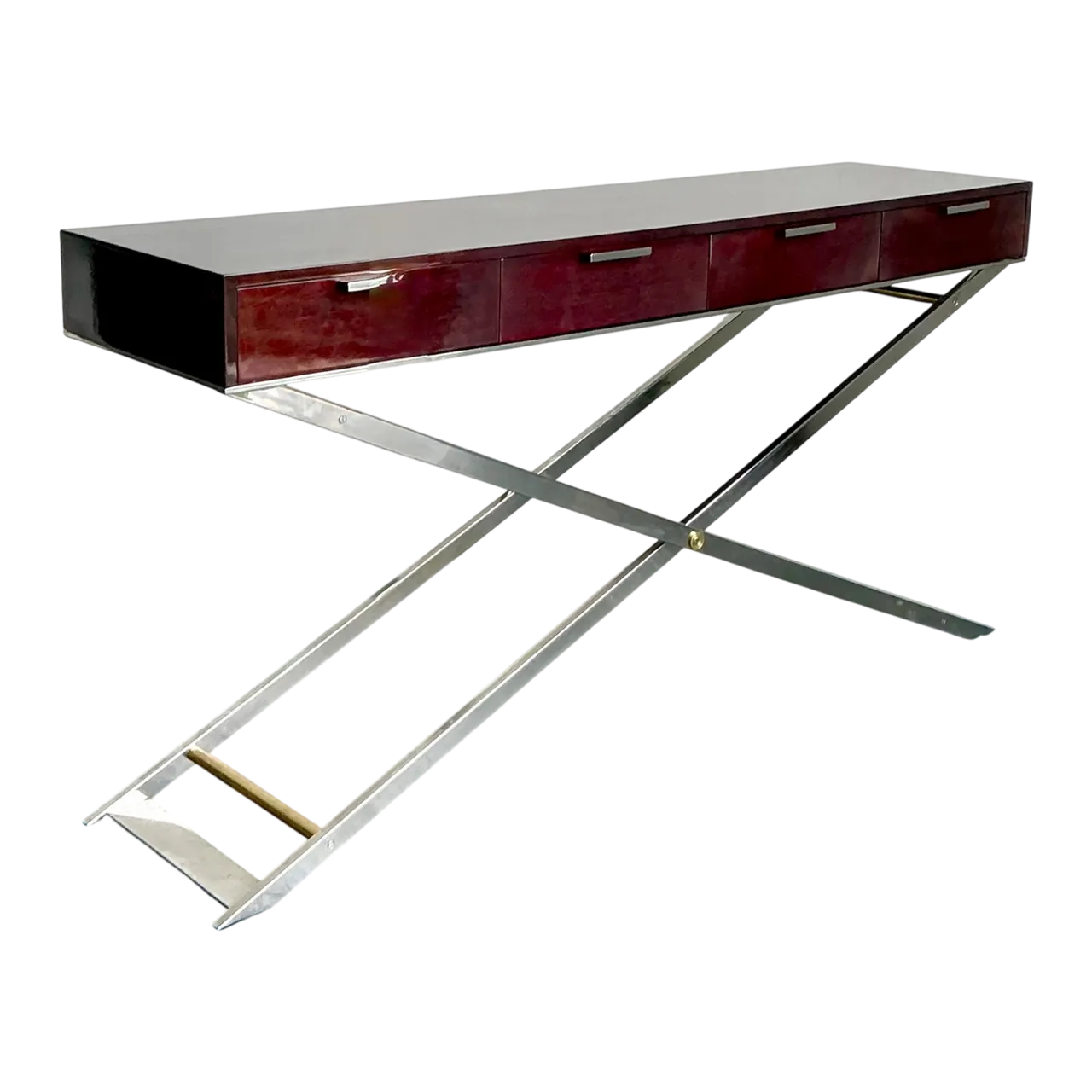 Vintage Chrome and Wood Console Table with Brass Accents