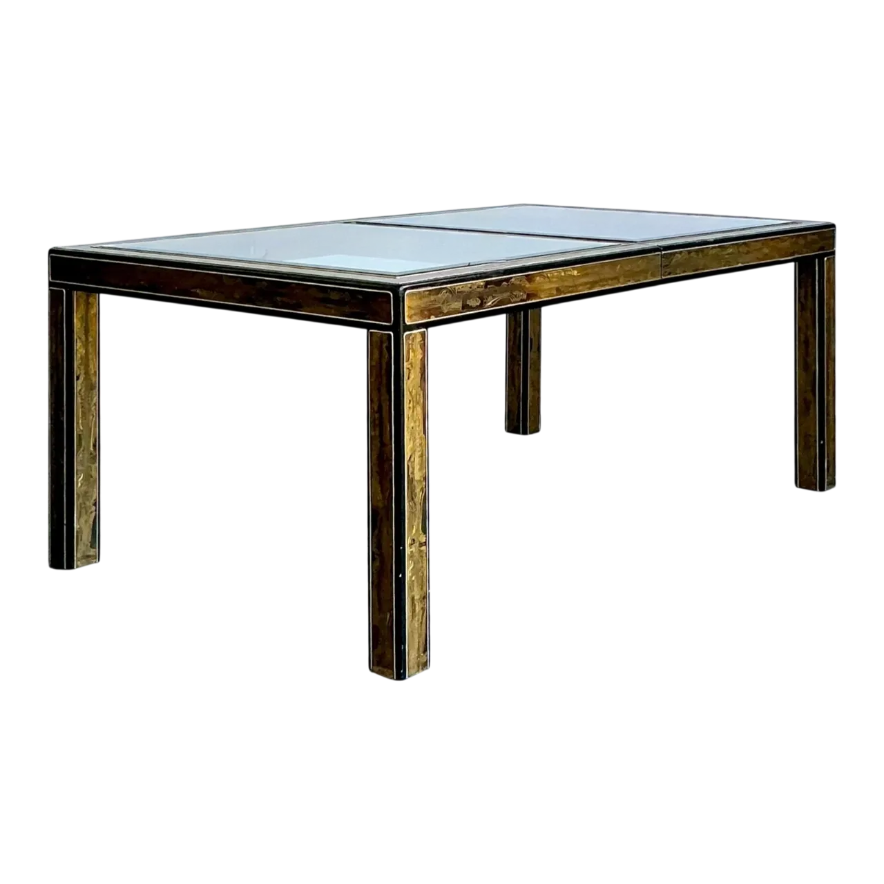 Vintage Acid Etched Brass and Glass Dining Table After Bernard Rohne