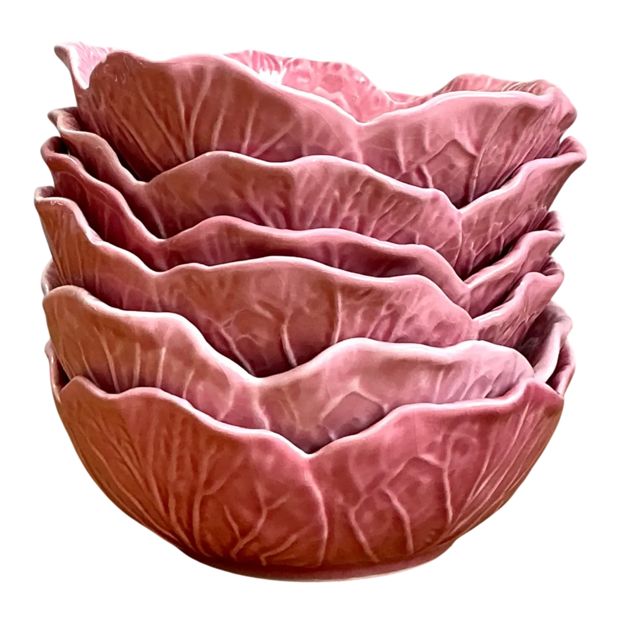 Vintage Bordallo Pinheiro Pink Cabbage Leaf Ceramic Bowls - Set of 6
