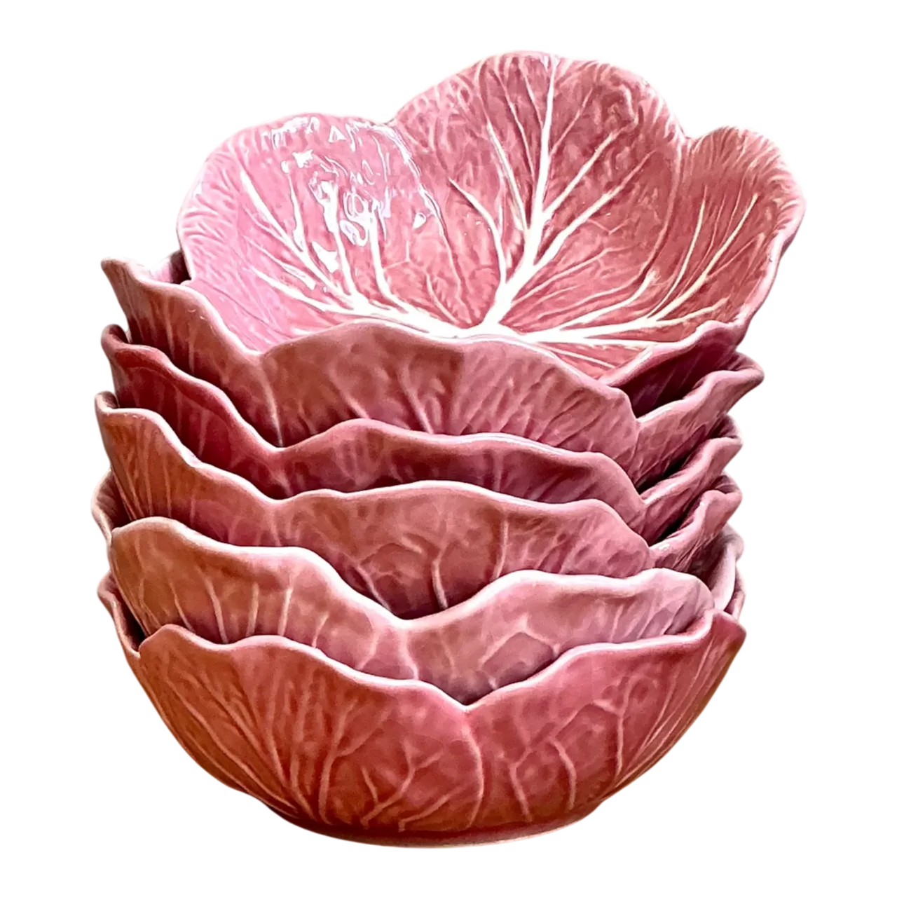 Vintage Bordallo Pinheiro Pink Cabbage Leaf Ceramic Bowls - Set of 6 - Ceramic, 6.75W x 2.5H