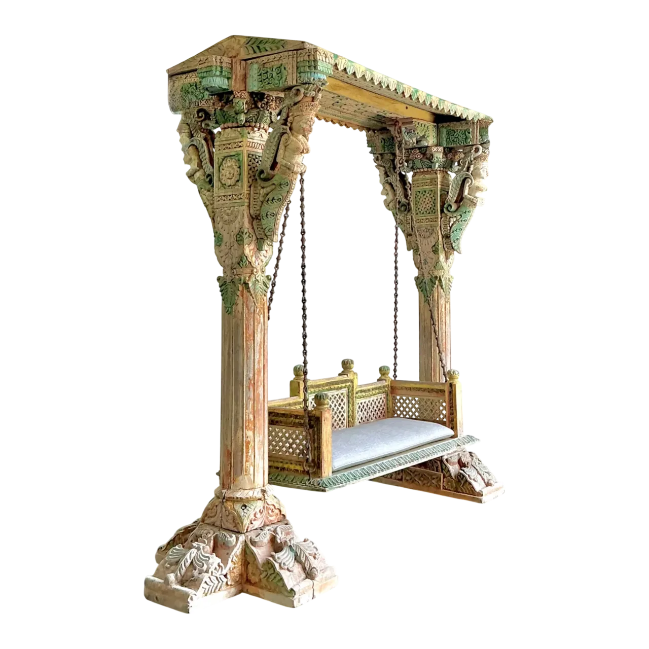 Vintage Monumental Carved Wood and Iron Swing