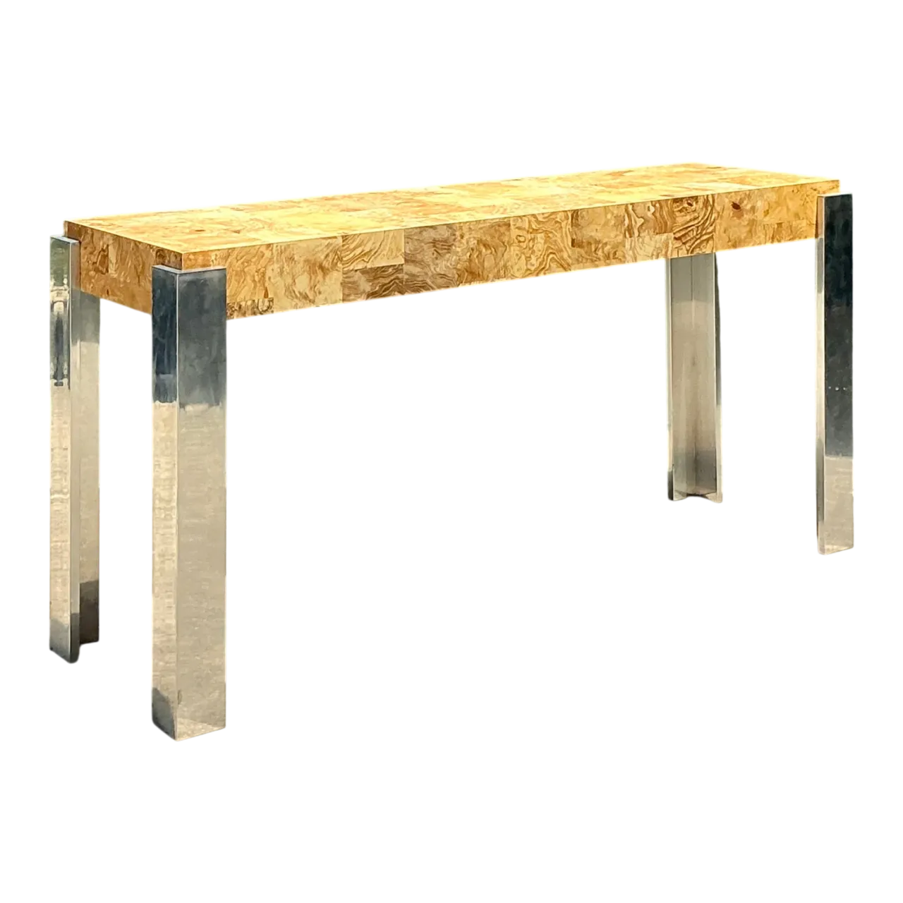 Vintage Laminate Burl Wood and Chrome Console Table