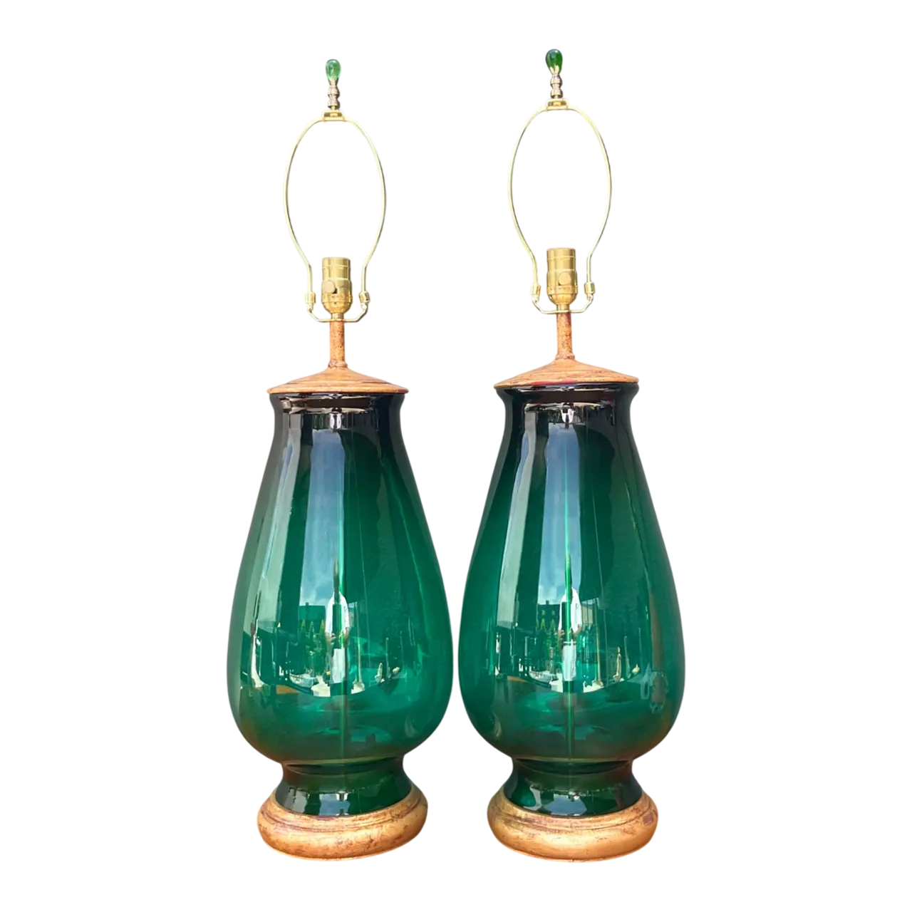 Vintage Emerald Glass Table Lamps - Set of 2