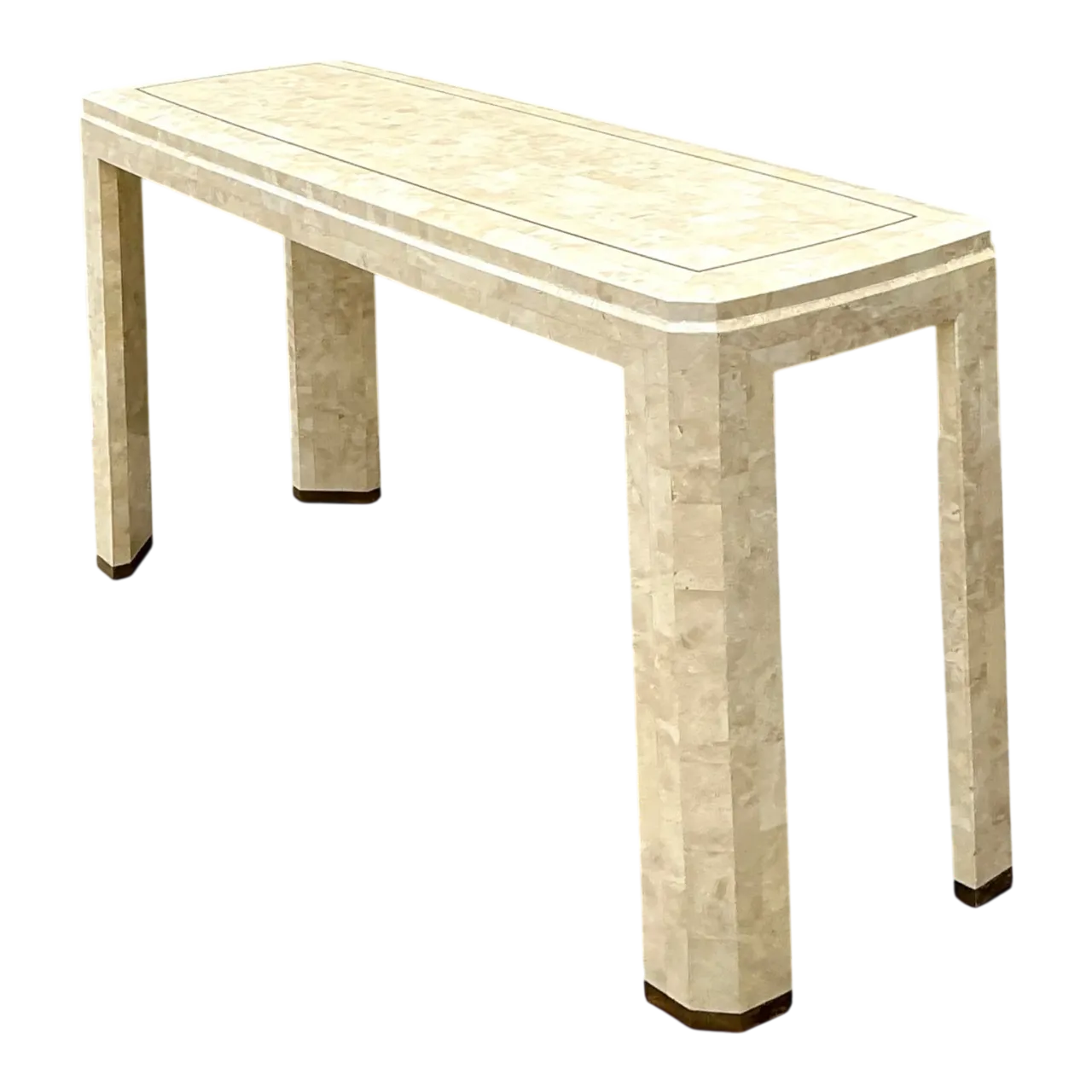 Vintage Tessellated Stone Console Table With Brass Inlay