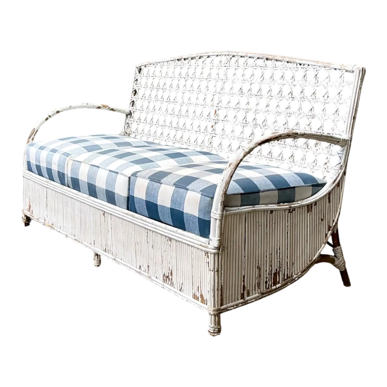 Vintage Distressed White Rattan and Checkered Sofa