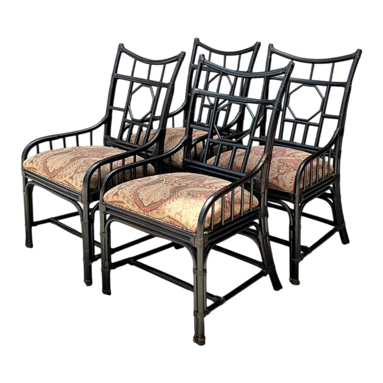 Vintage Palecek Medallion Back Rattan Chairs - Set Of 4