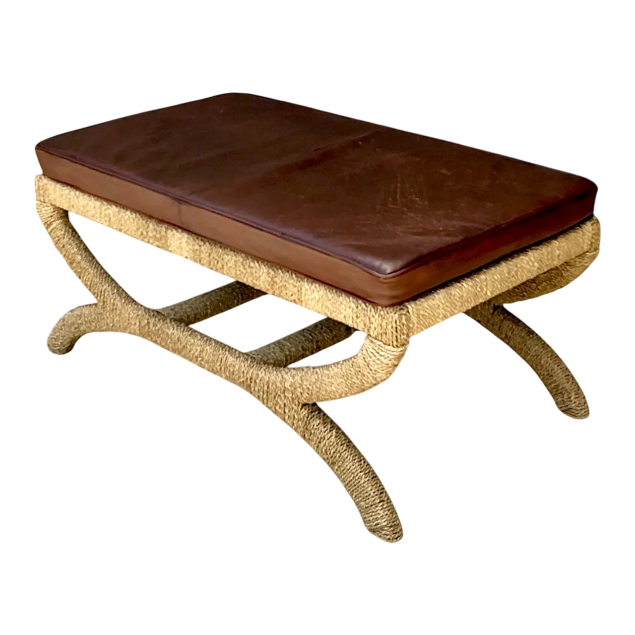 Vintage Rattan and Leather Bench