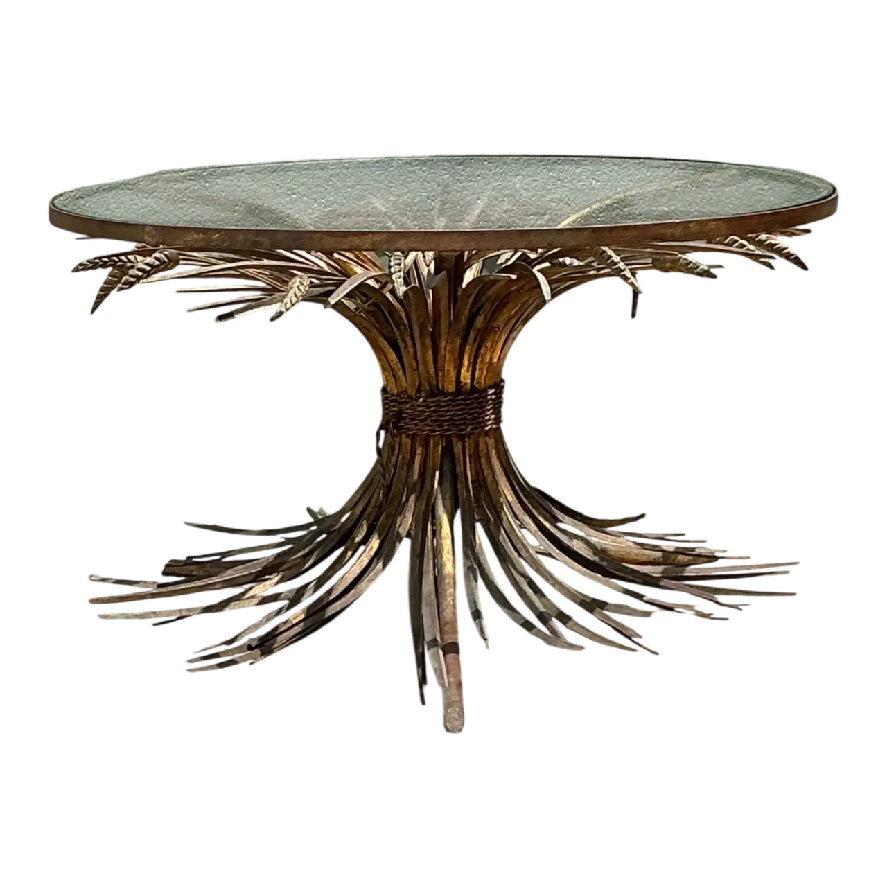 Vintage Distressed Gilt Metal and Glass Wheat Sheaf Table