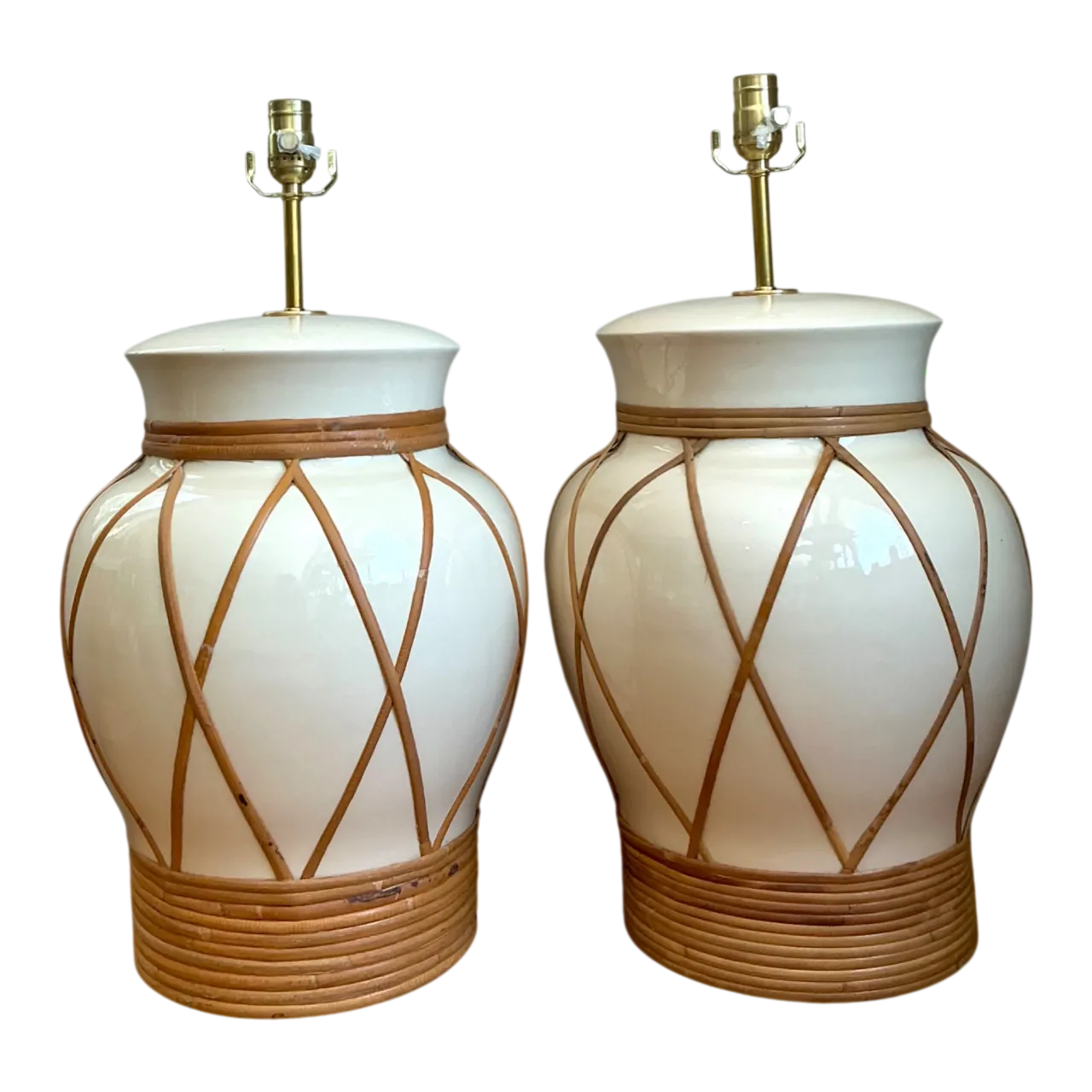 Vintage Ceramic and Rattan Table Lamps - Pair