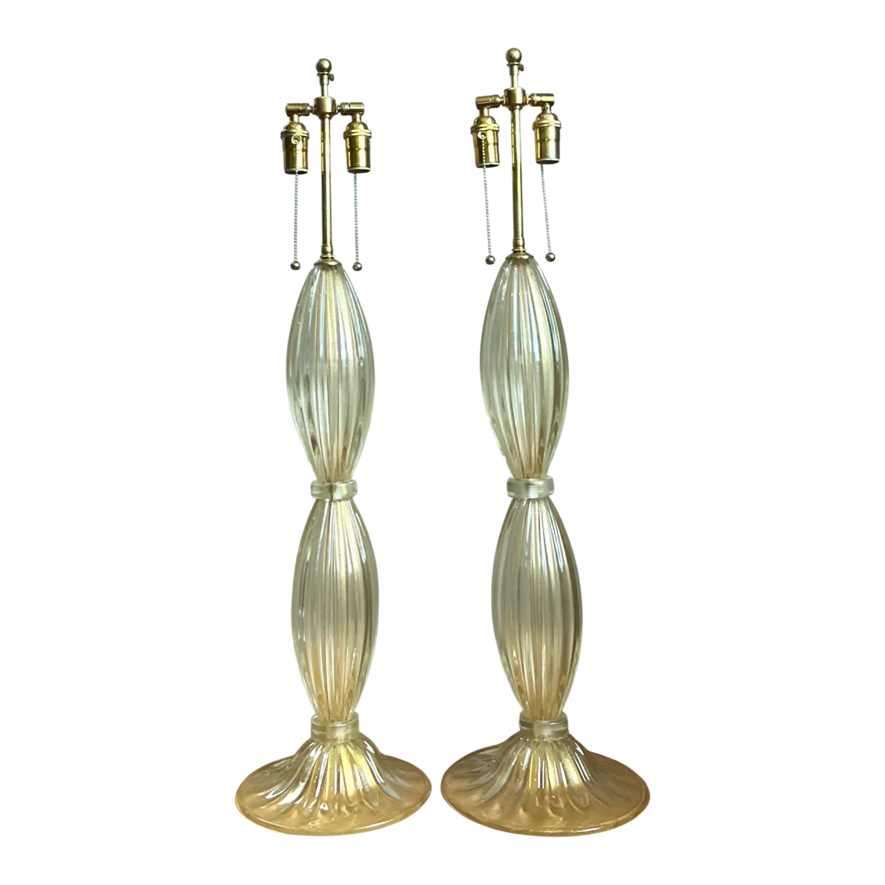 Vintage Ribbed Murano Glass Table Lamps - Pair
