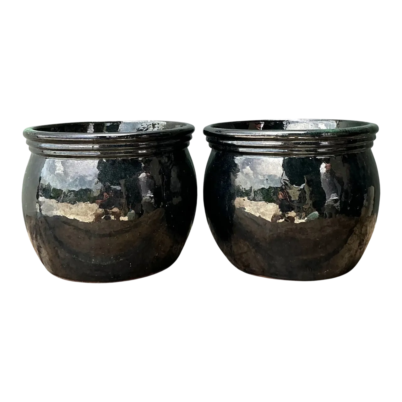 Vintage Ceramic Planters in Black Over Green Glaze - Set of 2