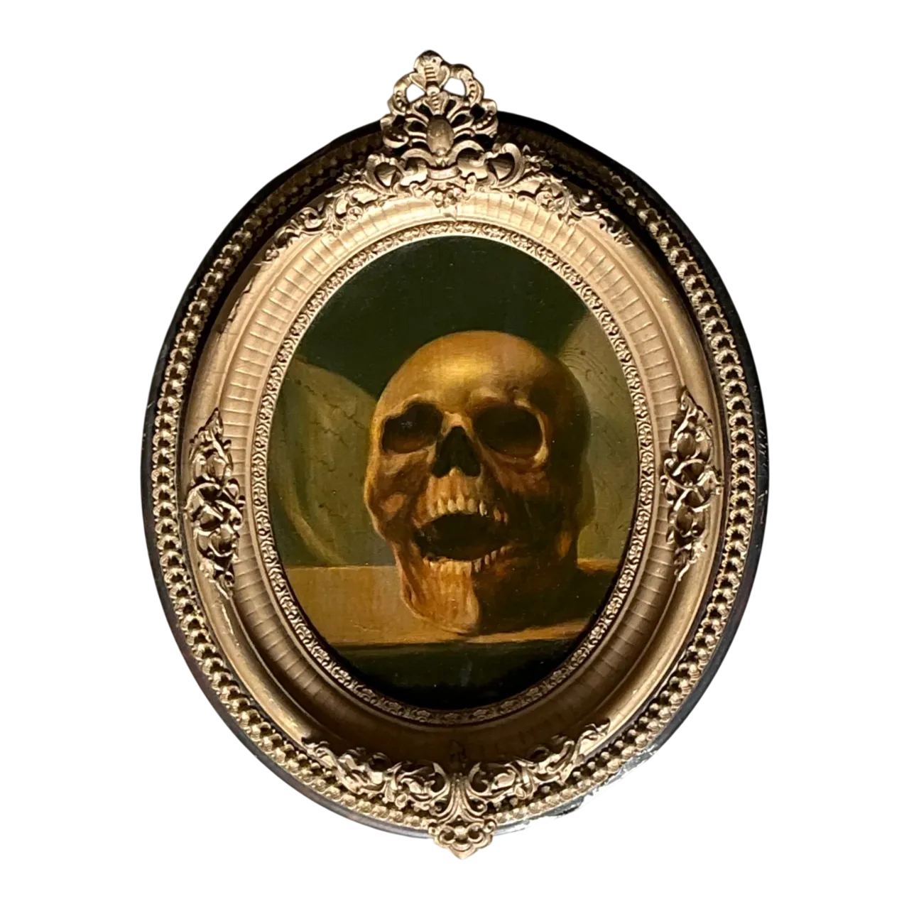 Vintage Skull Oil Painting in Ornate Frame