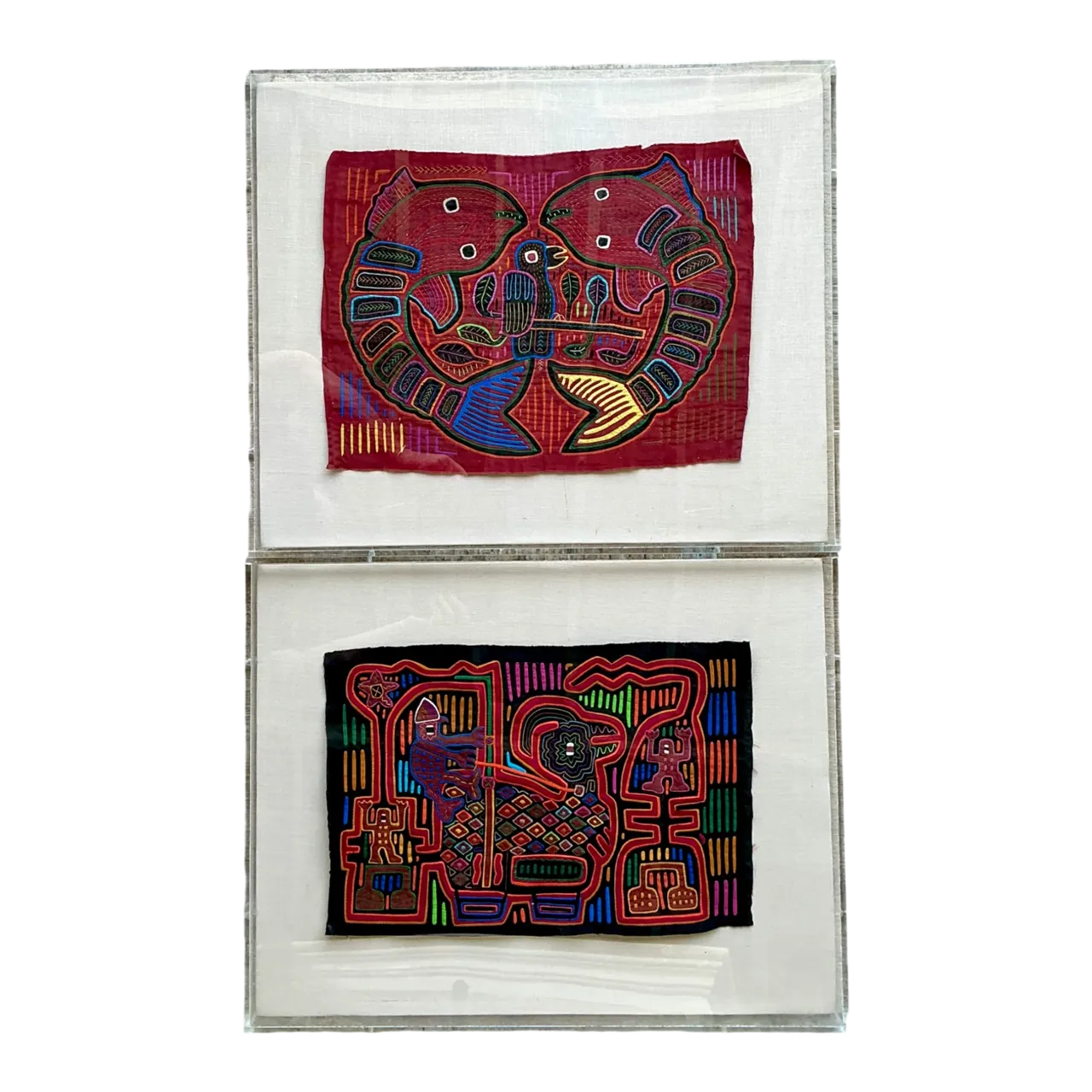 Vintage Lucite Boxed Mola Textile Art - Pair
