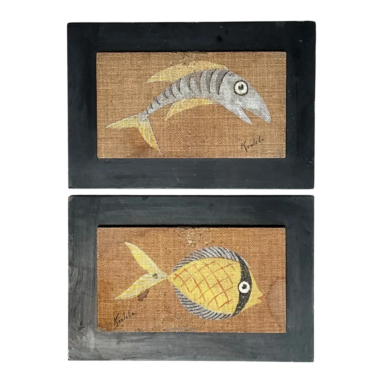 Vintage MCM Fish Motif Paintings on Burlap - Pair