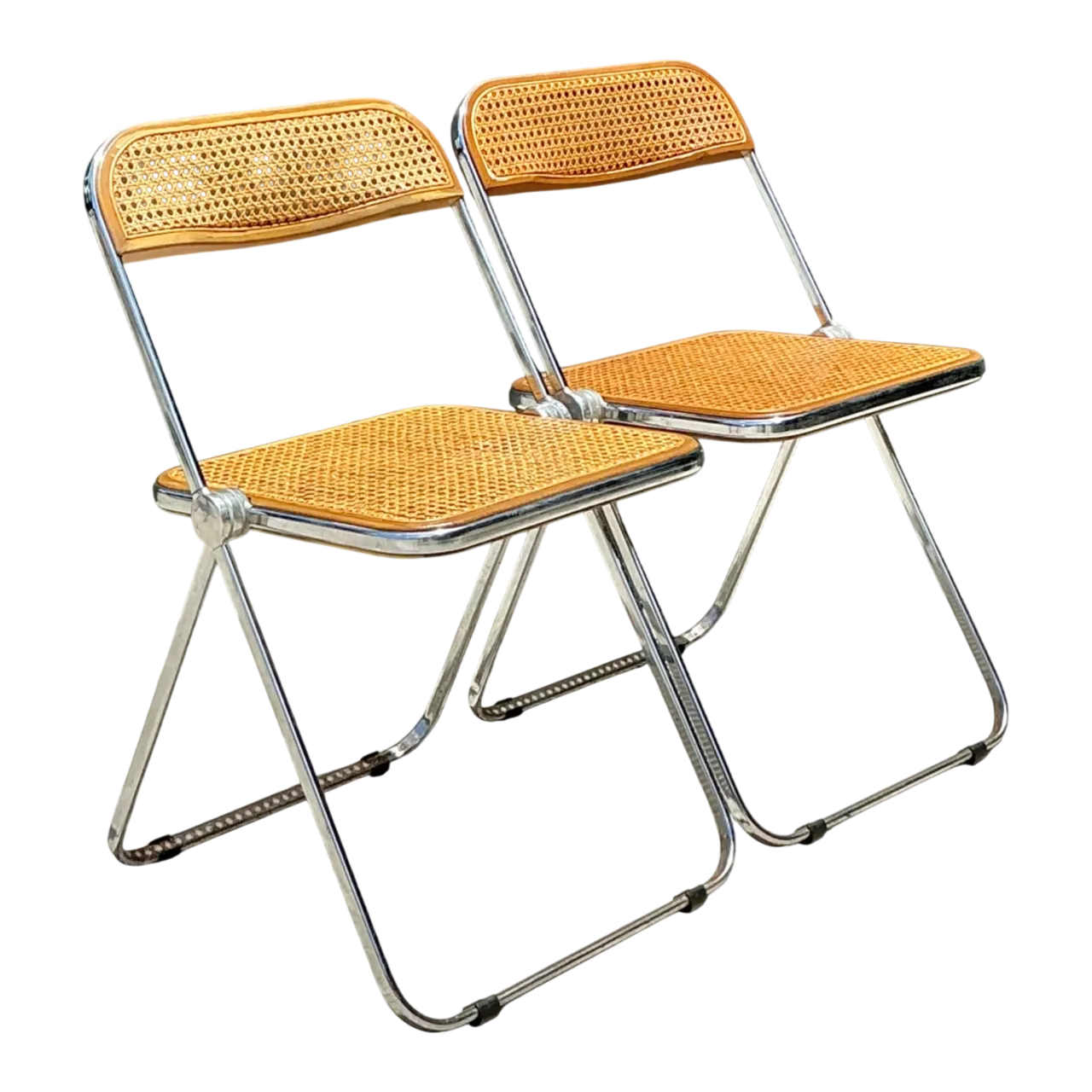 Vintage Italian Chrome And Cane Folding Chairs - A Pair