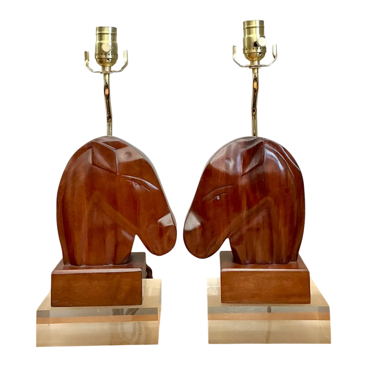 Vintage Carved Wood Horse Lamps on Lucite Base - A Pair