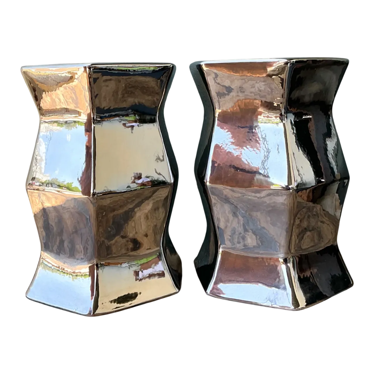 Vintage Faceted Metallic Glaze Low Stools - A Pair