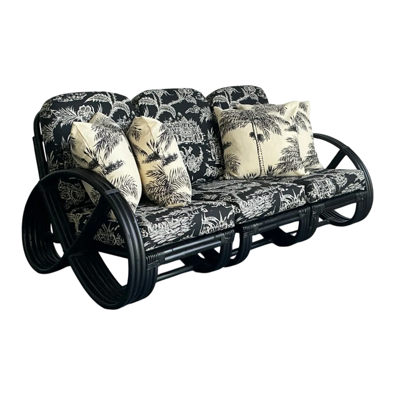 Vintage Black Rattan Sofa In Quadrille “Royal Journey”