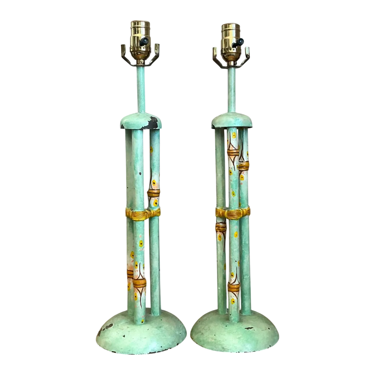 Vintage Distressed Hand-Painted Metal Lamps - Pair