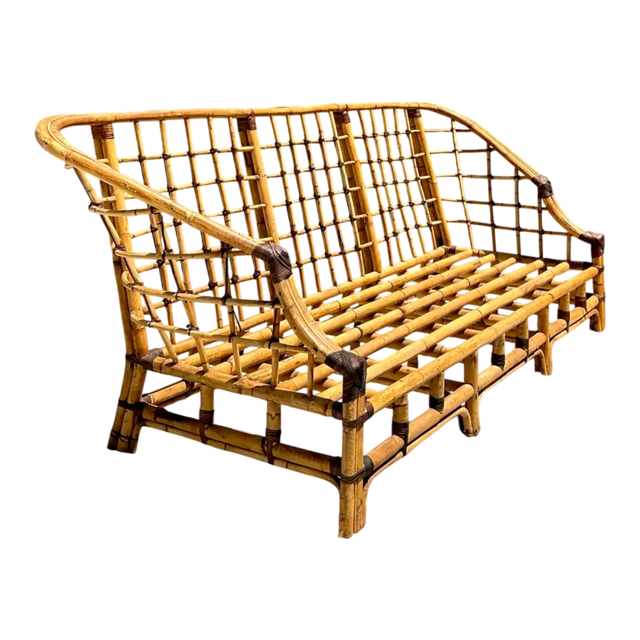 Vintage Woven Grid Rattan High Back Sofa