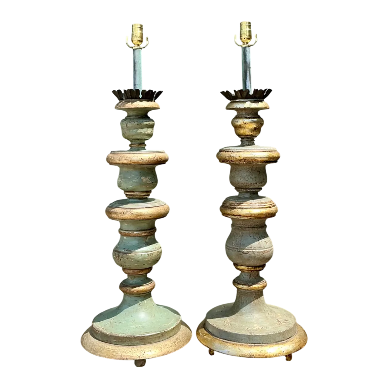 Vintage Italian Gilt Tipped Turned Wood Lamps - Pair