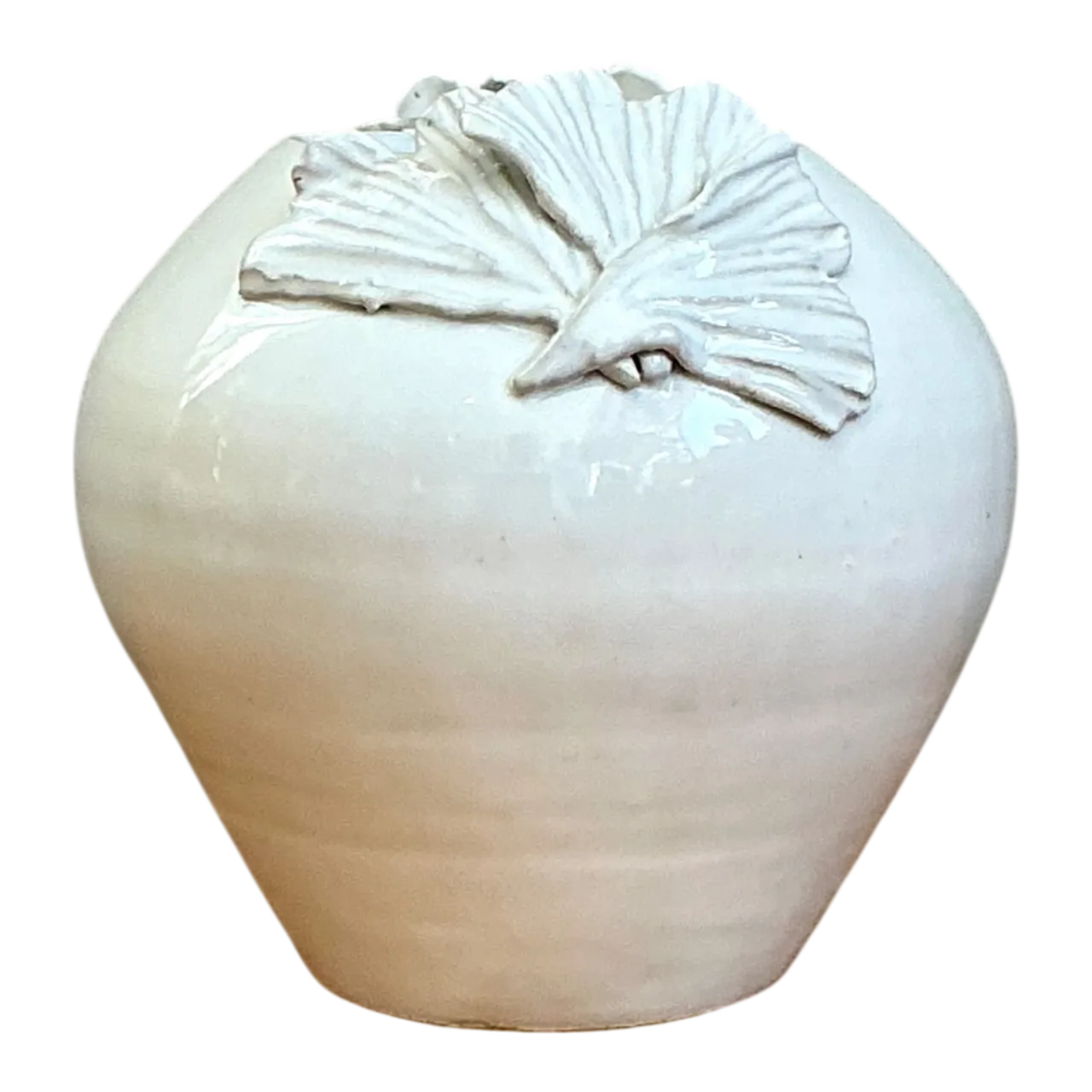 Vintage Kass O'Brien White Ceramic Vase with Ginko Leaf Motif