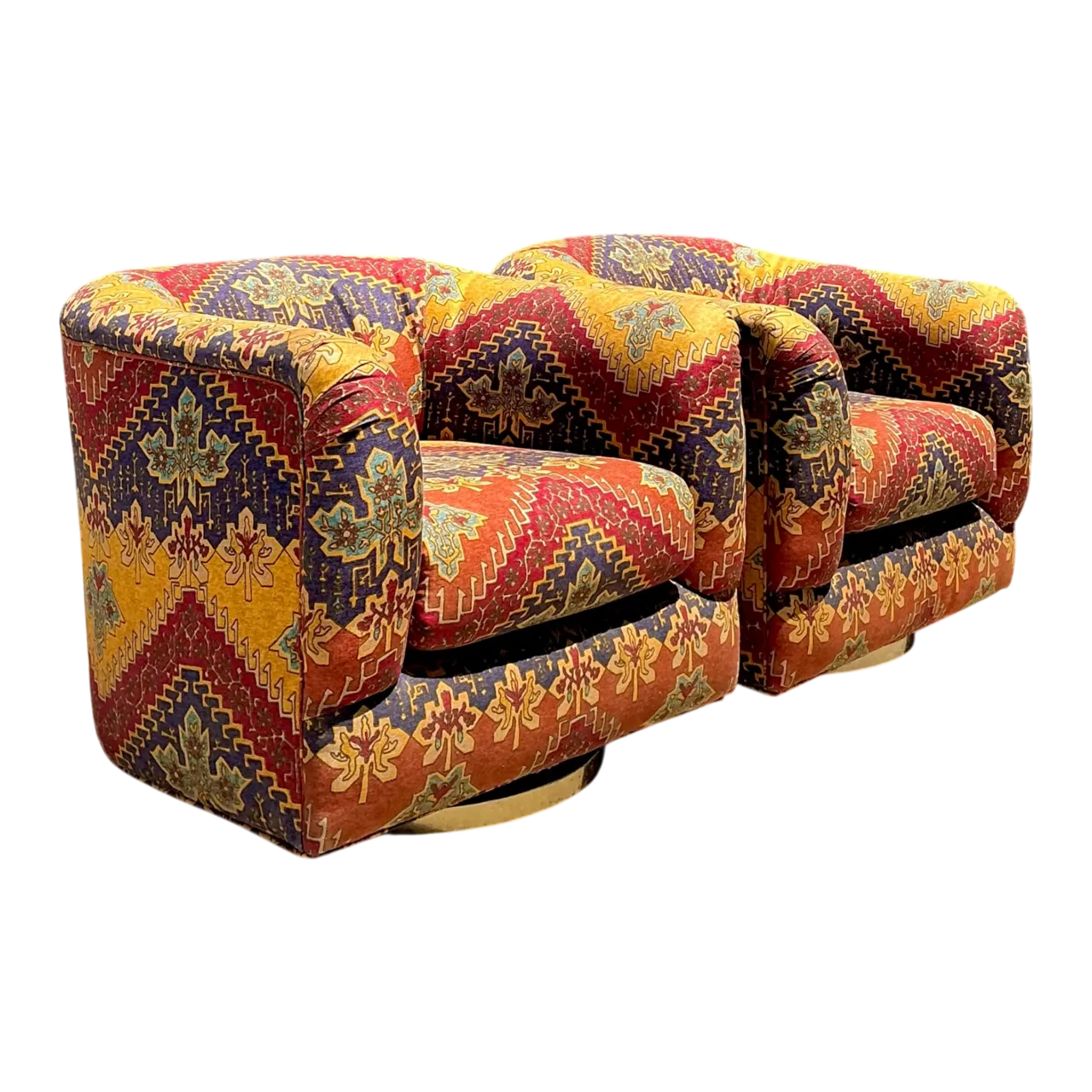 Vintage Printed Swivel Armchairs On Brass Plinths - A Pair