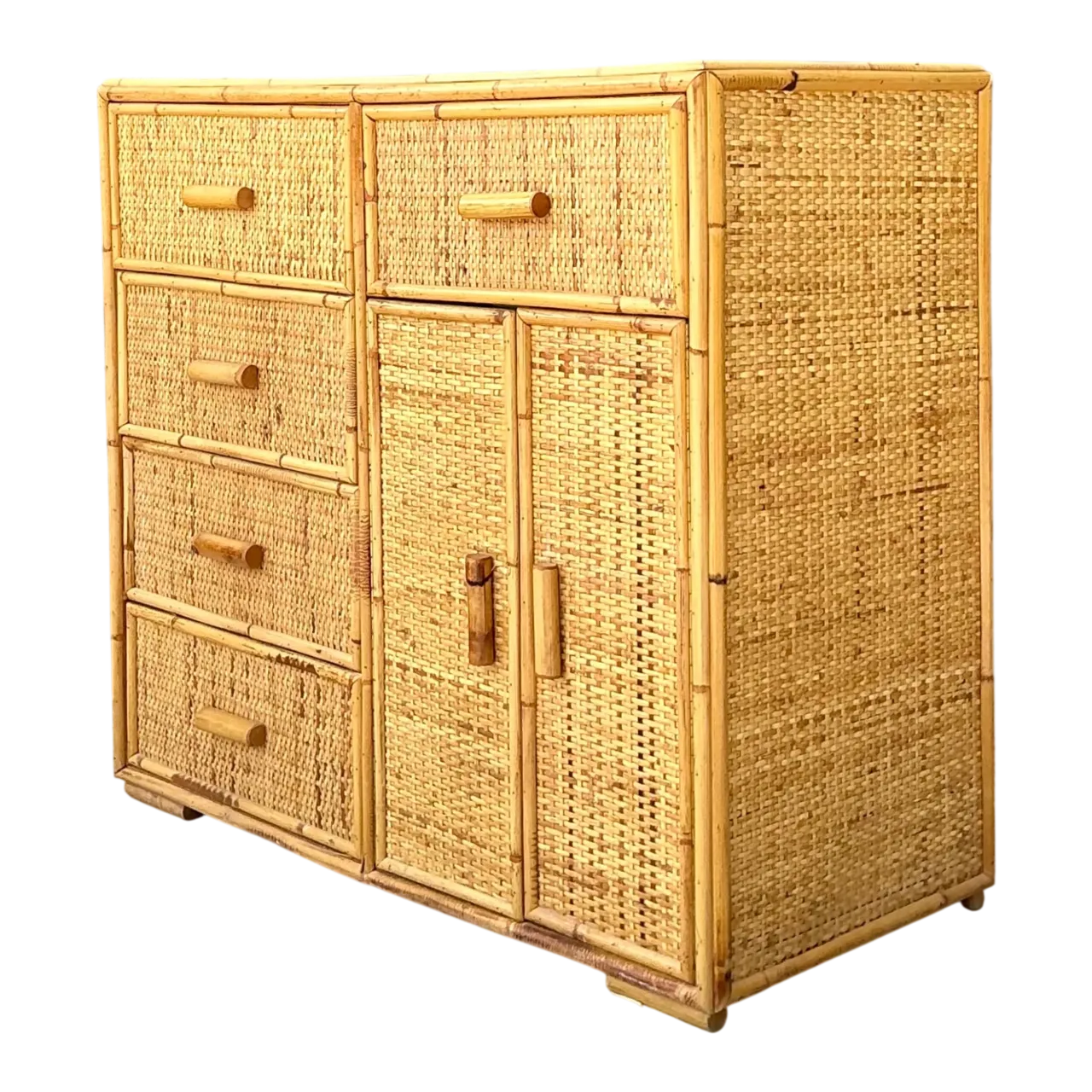 Vintage Woven Rattan and Wood Sideboard