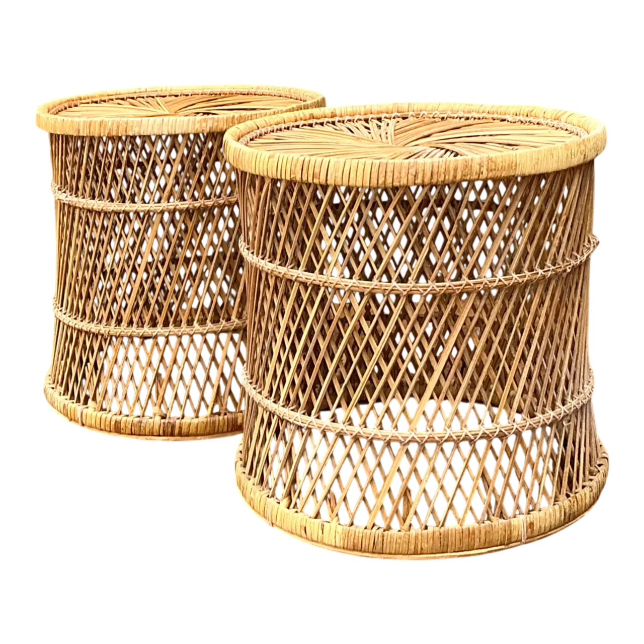 Vintage Woven Rattan Accent Tables - Set of 2