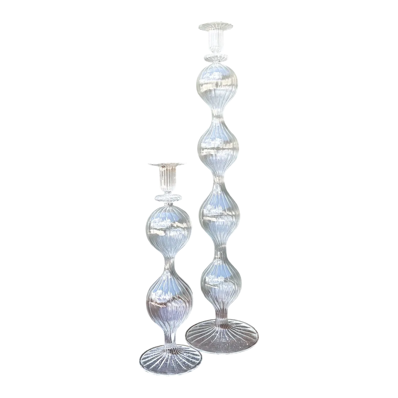 Vintage Ribbed Glass Candlestick Set