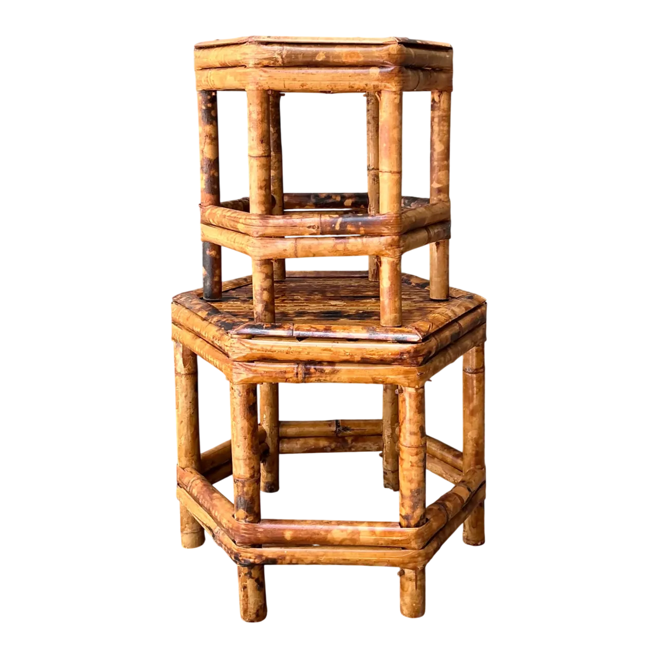 Vintage Hexagonal Bamboo Orchid Pedestals - Set Of 2
