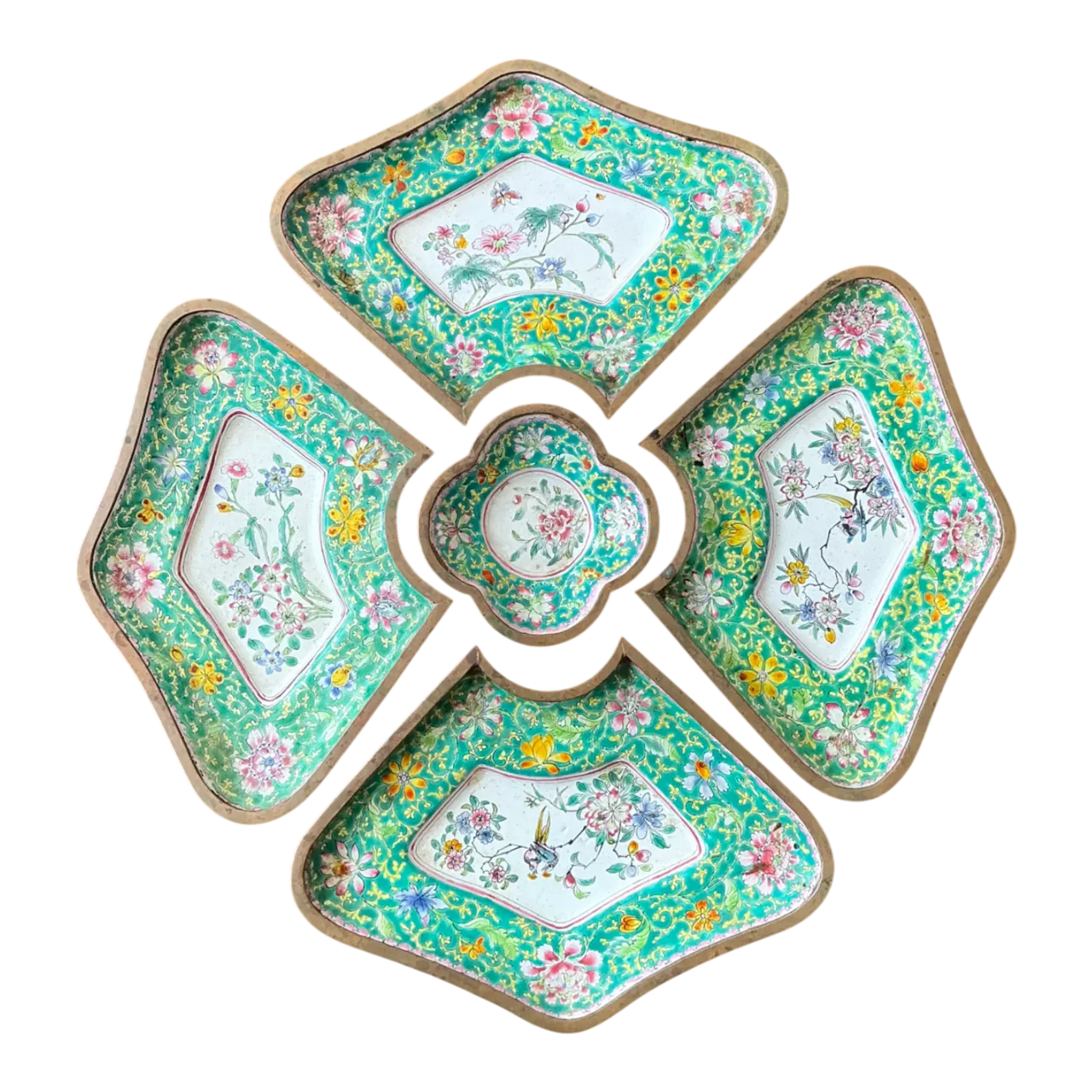 Vintage Chinoiserie Hand Painted Floral Metal Tray Set